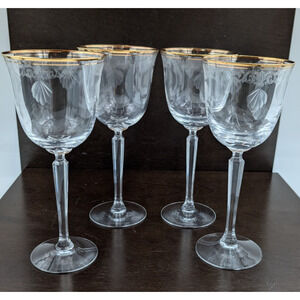 Lenox Classic Shell Etched Water Goblets Wine Glasses 8" Set of 4 Gold Trim